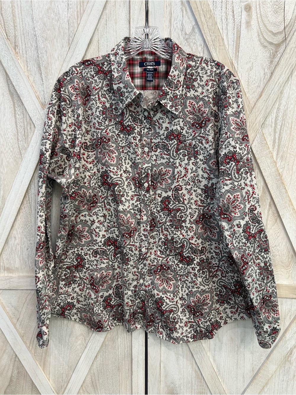 Chaps Cream Paisley Button-Down Shirt with Red and Black Accents
